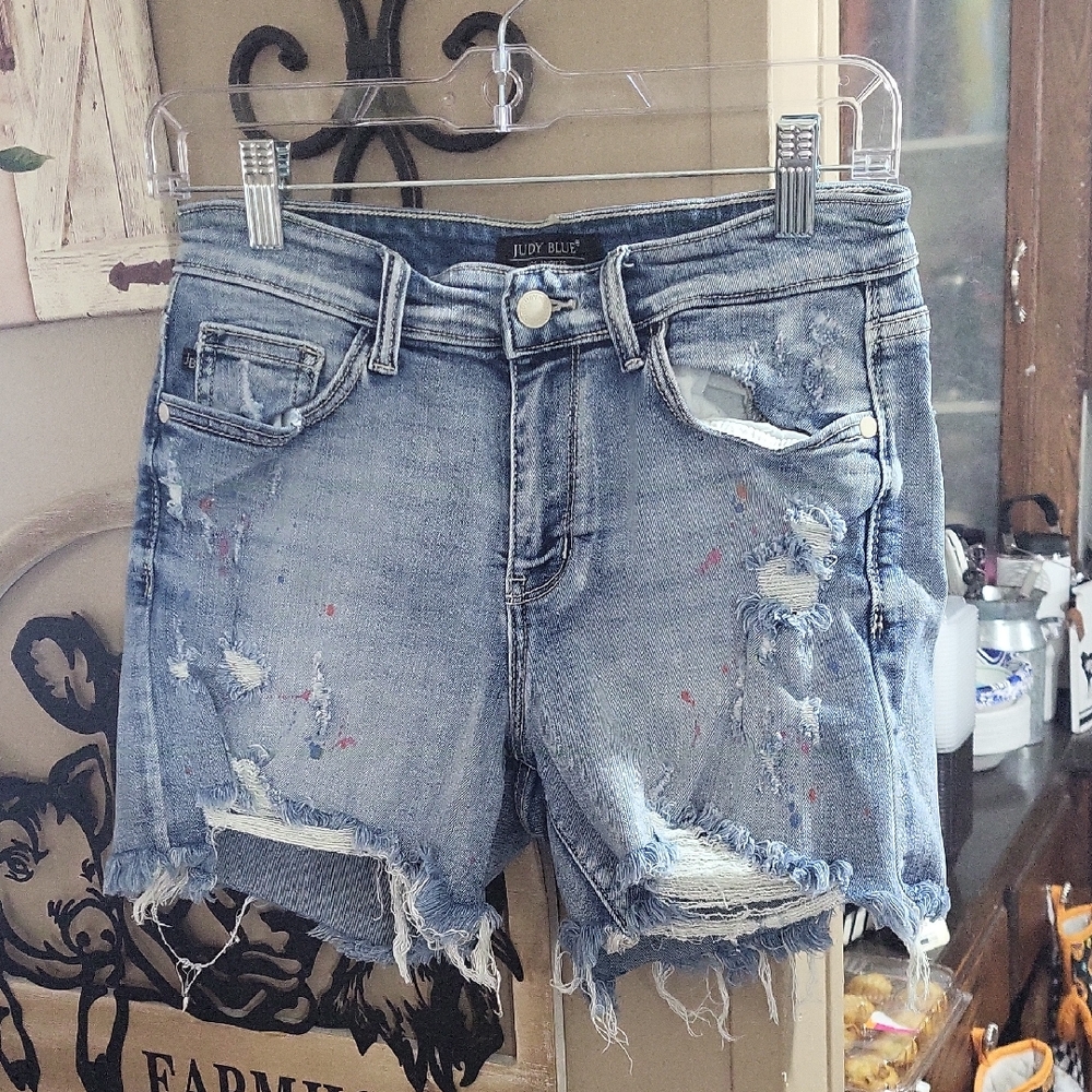 Judy Blue Distressed With Tye-dye Markings Light Blue Jean Shorts